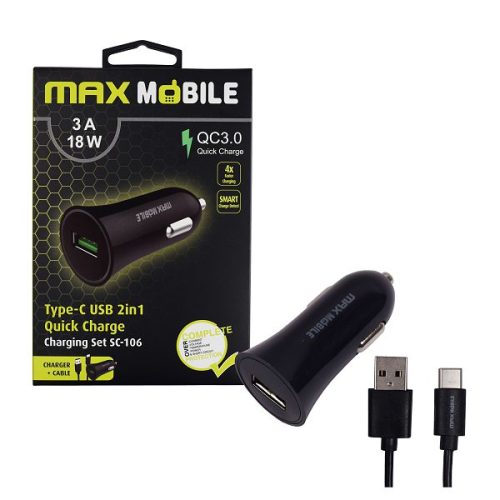 MAXMOBILE AUTO ADAPTER USB  SC-106 QC 3.0,18W QUICK CHARGE 3A + TYPE C crni