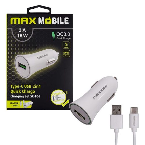 MAXMOBILE AUTO ADAPTER USB  SC-106 QC 3.0,18W QUICK CHARGE 3A + TYPE C bijeli