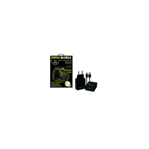 MAXMOBILE KUĆNI PUNJAČ SET 2U1 QC 3.0 QUICK CHARGE USB+ TYPE C, 3A,18W crni
