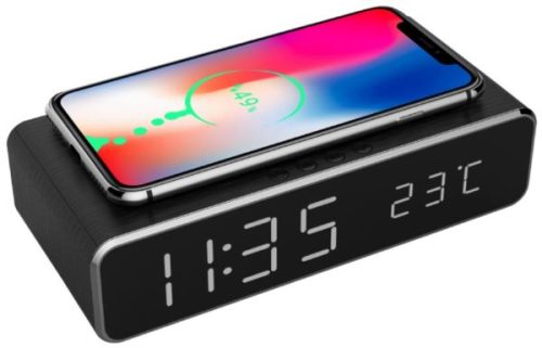 Gembird digitalni sat s funkcijama alarma i bežićnog punjenja, crne boje