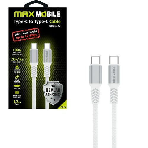 MAXMOBILE DATA KABEL TYPE C-TYPE C UDC3029 KEVLAR WHITE 3.1Gen.100W 5A 1.2m