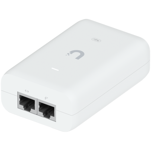 UBIQUITI PoE+ Adapter; Delivers up to 30W of PoE+; Additional power drives devices such as U6 LR, U6 Enterprise, Camera DSLR, and other PoE+ devices; Surge, peak pulse, and overcurrent protection; Contains RJ45 data input, AC cable with earth ground, and PoE+ output; LED indicator for status monitoring.
