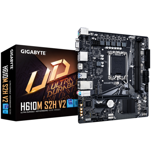 GIGABYTE MB H610M S2H V2 (LGA 1700, 2x DDR5 up to 64GB, 1x PCI-E x16x16, 1x PCI-Ex1, 4x SATA, 1x M.2, 4x USB 3.2 Gen1, 4x USB 2.0/1.1, internal 4x USB 2.0/1.1, 1x HDMI 2.0, 1x DP, Realtek GbE LAN 1Gbps/100Mbps, mATX, Retail)