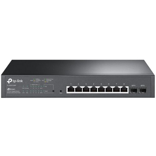 "JetStream 10-Port Gigabit Smart Switch with 8-Port PoE+, 8× Gigabit PoE+ Ports, 2× Gigabit SFP Slots, 802.3at/af, 150 W PoE Power, 1U 13-inch Rack-mountable Steel CaseIntegration with Omada SDN Controller, 802.1Q VLAN, STP/RSTP/MSTP, IGMP Snoopi