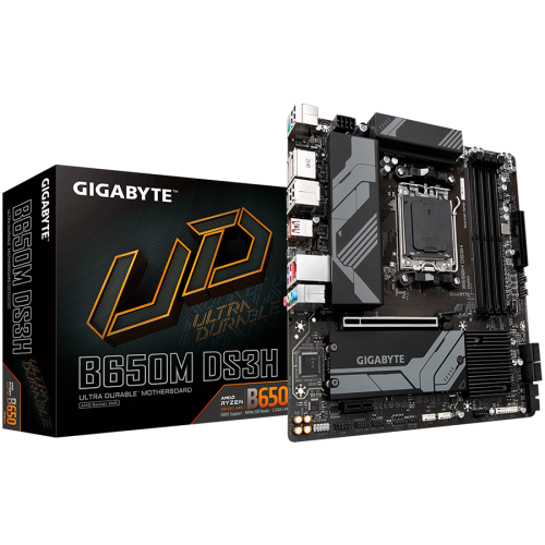 GIGABYTE Mainboard Desktop B650M DS3H (AM5, 4xDDR5 max 128GB, 1x PCI-E 4.0 x16x16, 1x PCI-E 3.0 x16x1, 4x SATA, 2x M.2 PCIe 4.0, 1xUSB 3.2 Gen2, 4x USB 2.0, 1xUSB 3.2 Gen2 Type-C, 1xHDMI, 1xDP, 2.5GbE LAN, mATX, Retail)