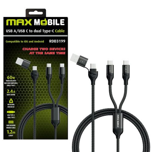MAXMOBILE DATA KABEL USB/TYPE C - DUAL TYPE C RDD3199 BLACK 2.4A 60W 1.2m