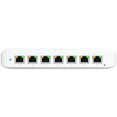 Ubiquiti USW-Ultra-210W-EU compact, Layer 2, 8-port GbE PoE switch with versatile mounting options, 7x GbE PoE+ output ports, GbE port with optional PoE++ input, 202W PoE availability with the included AC power adapter