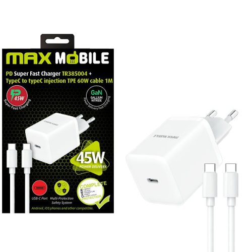 MAXMOBILE KUĆNI PUNJAČ PD SUPER FAST CHARGE SET 2U1 TYPE C+KABEL,TR385004 Gan45W
