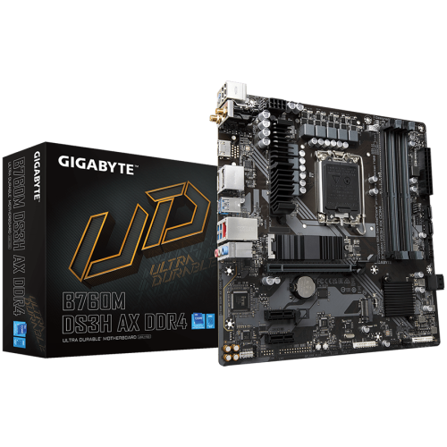 GIGABYTE Mainboard Desktop B760M DS3H AX DDR4 (LGA1700, 4x DDR4, 1xD-Sub, 1xHDMI, 2xDP, 2.5GLAN, Wi-Fi 6E 802.11ax, 1x PCI Express x16 4.0, 2x PCI Express x1 3.0, 2xM.2, 4xSATA3, 1x USB Type-C, 5x USB 3.2 Gen1, 6x USB 2.0/1.1) mATX
