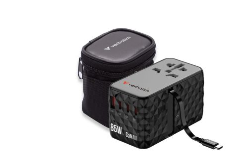 Adapter Verbatim CNT-02 GaN III #32127 Charge'n'Travel 85W, 3xUSB-C/1xUSB-A/uvlačivi USB-C kabel (EN